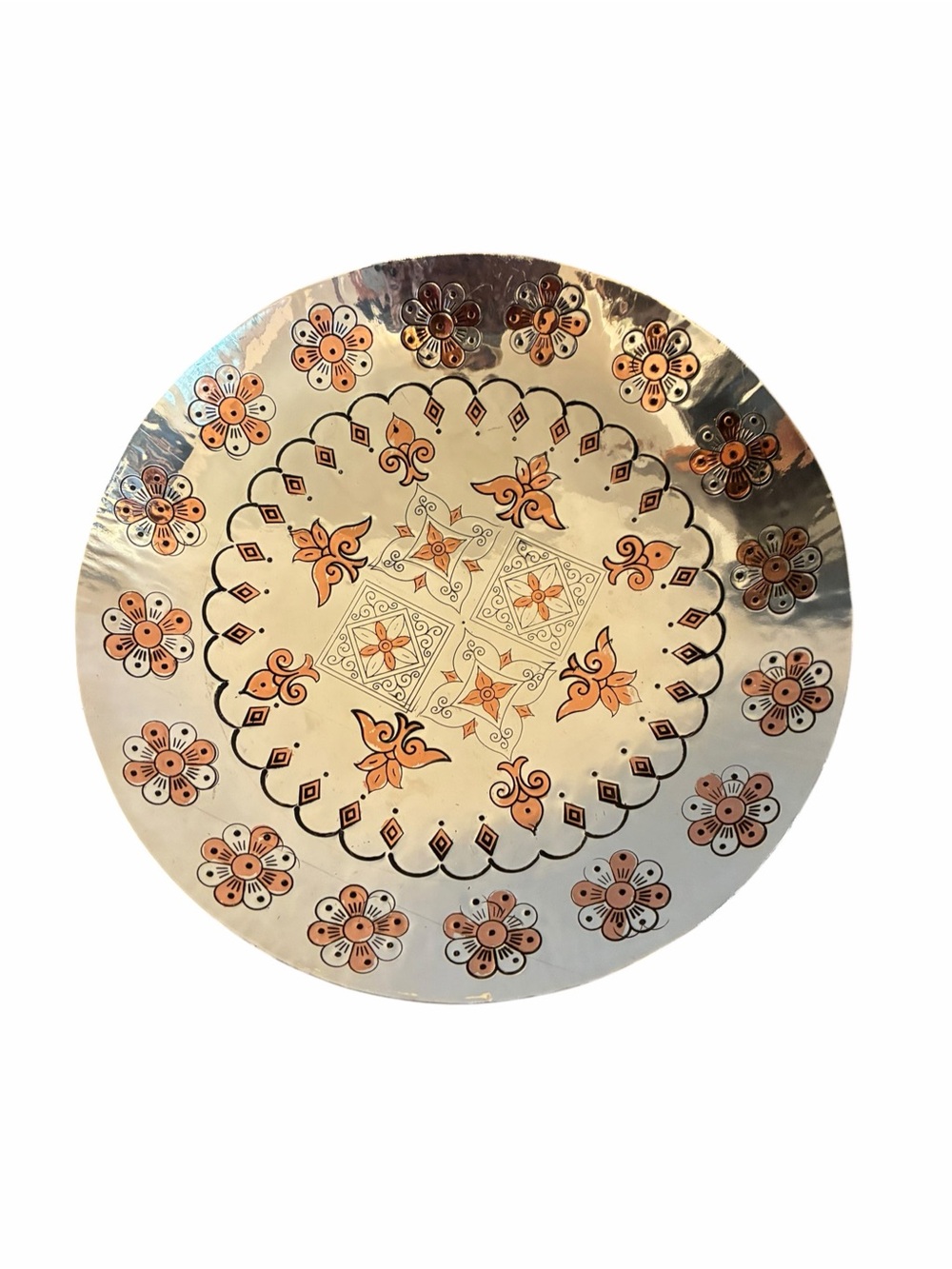 Vintage Acre Israel Hand Etched Brass Copper Floral Wall Plate Decor